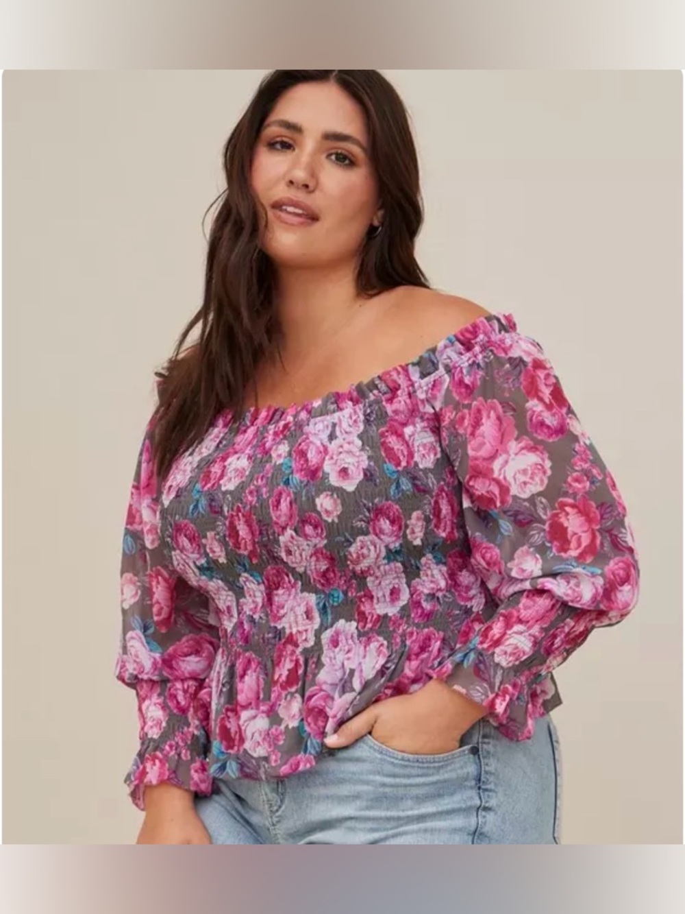 Torrid Floral Chiffon Smocked Ruffle Top Sz 3 Off Shoulder Romantic Cottagecore